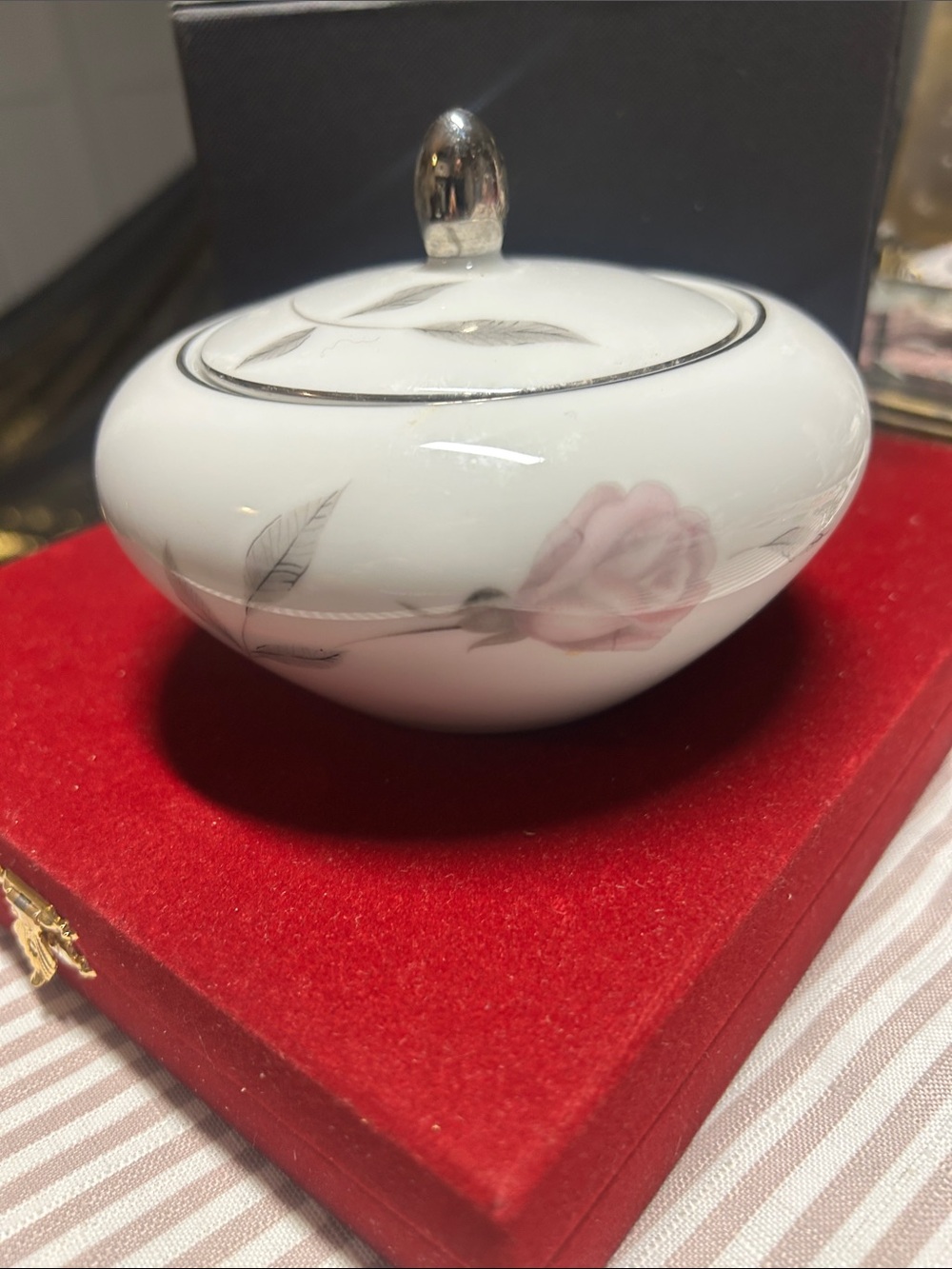 White Porcelain Lidded Mikasa sugar bowl with Pink Rose Accent